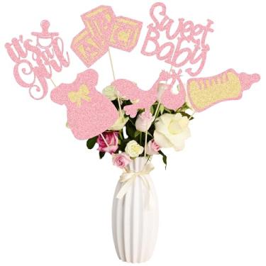 Imagem de Gyufise 12 peças de palitos de centro de mesa de chá de bebê com glitter, macacão de gravata Oh Baby Gender Reveal It's a Girl, mesa central, palitos para chá de bebê, revelação de gênero, suprimentos