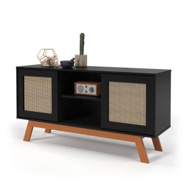 Imagem de Rack Buffet com duas Porta de Correr Rattan pés em Madeira Preto - Ofe