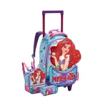Imagem de Kit Escolar Mochila Rodas+Lancheira+ Estojo Sereia - denlex, Verde
