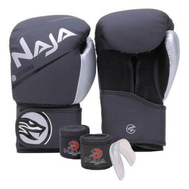Imagem de Kit Luva Boxe Muay Thai + Bandagem + Bucal Naja Extreme, Prateado, 12