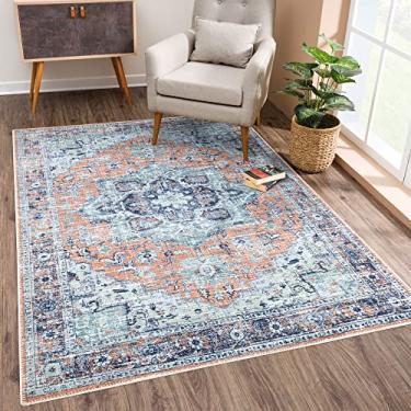Imagem de Bloom Rugs Tapete lavável antiderrapante 9,5 x 1,5 m - Tapete de área tradicional pêssego/azul para sala de estar, quarto, sala de jantar e cozinha - Tamanho exato: 9,5 x 1,5 m