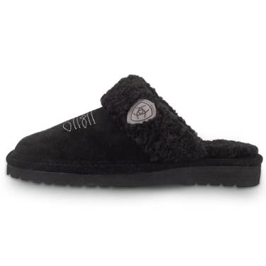 Imagem de ARIAT Pantufas femininas Jackie de couro de camurça genuíno macio e quente com gola de pelúcia, Preto, 38