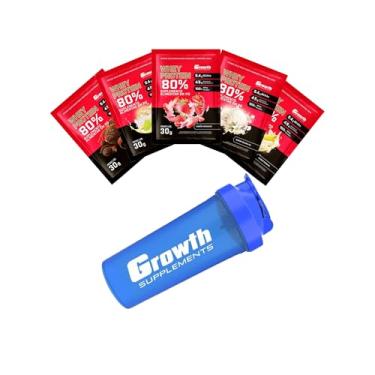 Imagem de Combo - Whey Protein Concentrado 30g em Sachê (5un - Morango, banana, torta de limão, baunilha e brigadeiro) + Coqueteleira 600ml Azul- Growth