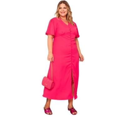 Imagem de Vestido midi plus size feminino botões liso com fenda frontal com forr