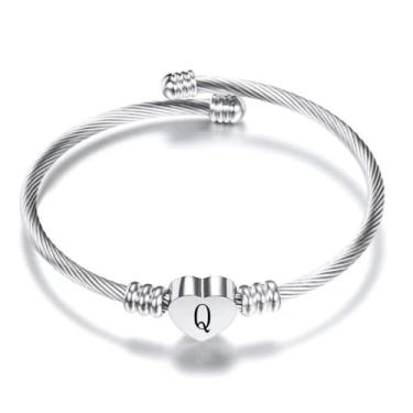 Imagem de BlingNuts Pulseira de prata com iniciais de coração de aço inoxidável A-Z gravada joia feminina para aniversário e Natal, F, Aço inoxidável, Sem Pedra Preciosa