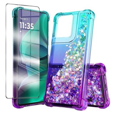 Imagem de Capa compatível com Motorola Moto G Stylus 5G 2025 com protetor de tela de vidro temperado Glitter Bling Flutuante Líquido Flutuante TPU Capa de Proteção de Cantos Amortecedores - Roxo