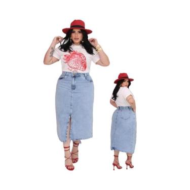 Imagem de LANÇAMENTO Saia Jeans Midi Plus Size Com Fenda Sem Lycra / Premium - C