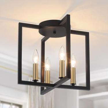 Imagem de Bosomfr Luminária De Teto Moderna Estilo Fazenda, Com 4 Luzes, Preta E Dourada, Estilo Industrial, Próxima Ao Teto, Com Cúpula Geométrica De Metal, Perfeita Para Cozinha, Corredor E Banheiro
