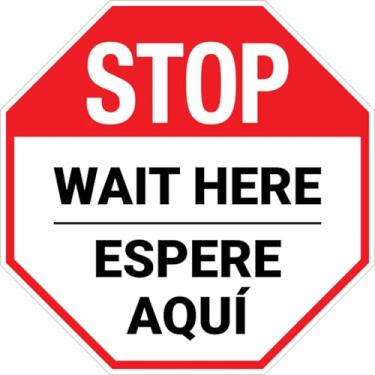 Imagem de Zxyazde STOP Wait Here Espere Aqui bilíngue placa de segurança octógono de metal espanhol, 30 x 30 cm, vermelho, estilo moderno