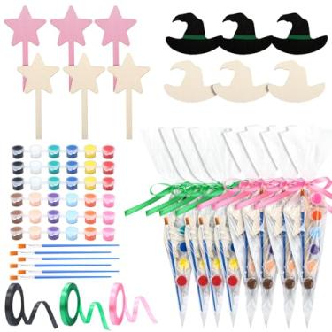 Imagem de Simgoing 12 conjuntos de tinta rosa e verde bruxa seus próprios lembrancinhas de festa, kit de artesanato de pintura de madeira inclui cartões e materiais de arte para lembrancinha de bruxa princesa