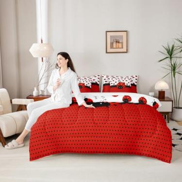 Imagem de Conjunto de cama Queen com 7 peças, joaninha vermelha, preta, joaninha, besouro, inseto, rústico, para meninas, meninos, desenho geométrico, de bolinhas, abstrato (edredom + lençol com elástico + 2