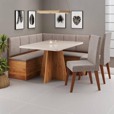 Imagem de Conjunto Canto Alemão com Baú Mesa 120x77,8cm Tampo com Vidro e 2 Cadeiras Milão Mel/Off White/Kaki