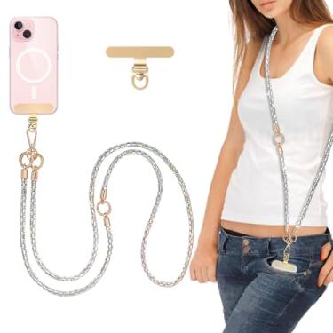 Imagem de Alça de telefone de cristal transversal com strass antifurto alça em camadas transversal com fivelas metálicas douradas gola para celular para mulheres (branca)