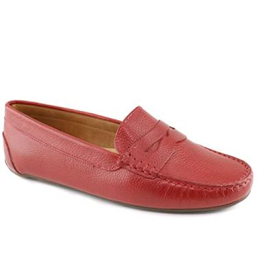 Imagem de Mocassim feminino casual confortável de couro legítimo leve para dirigir da MJNY clássico moderno penny slip on mocassim feminino sem cadarço, Vermelho granulado, 40