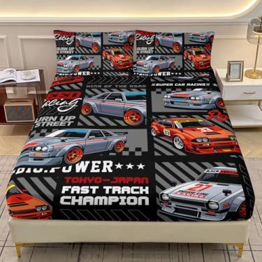 Imagem de AILONEN Jogo de cama solteiro de carro de corrida para meninos, esportes radicais, lençol com elástico macio com 2 fronhas, 3 peças
