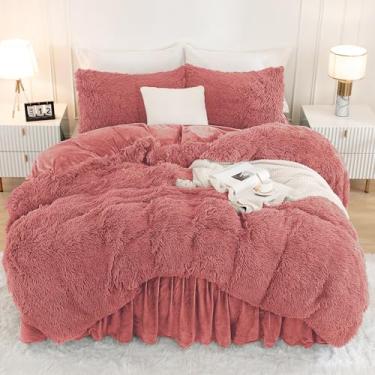 Imagem de Andency Conjunto de edredom fofo rosa velho, tamanho casal, 3 peças, de pelo sintético, quente, macio e felpudo (1 edredom de veludo e 2 fronhas), conjunto de cama de edredom grosso e confortável