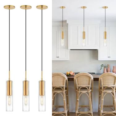 Imagem de Jonsi Pacote com 3 lâmpadas pendentes de cilindro de vidro, luzes de ilha douradas escovadas para cozinha, 1 mini luminária pendente com sombra de vidro transparente, luzes suspensas modernas para