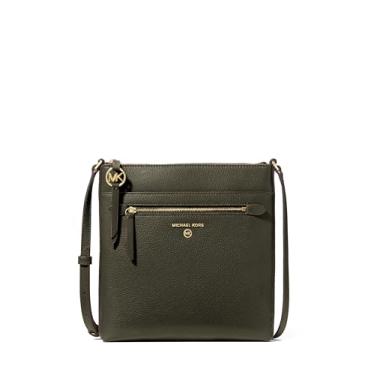 Imagem de Michael Kors Bolsa transversal plana pequena com pingente Jet Set, ferragens douradas/couro seixo/hera