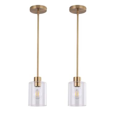 Imagem de KLSS Luzes pendentes de latão, ilha de cozinha, luz pendente de vidro transparente de casa de fazenda moderna, luminária dourada, pingente de cozinha, mini luminária suspensa para pia (haste de haste