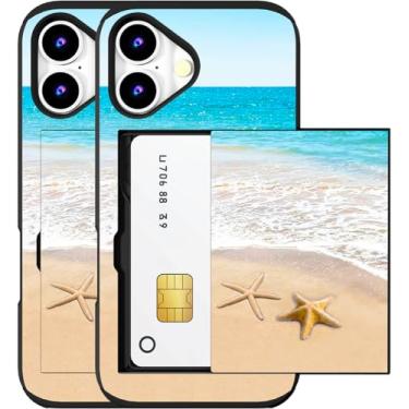 Imagem de MUQR Capa compatível com telefone 17 com porta-cartão fofo - design kawaii, proteção contra quedas de nível militar, capa carteira robusta para mulheres (praia preta estrela do mar verão)