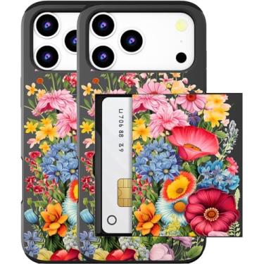 Imagem de MUQR Capa para celular 17 Pro compatível com porta-cartão fofo - Capa tipo carteira robusta com design Kawaii, proteção contra quedas de grau militar (flor preta e vermelha no jardim)