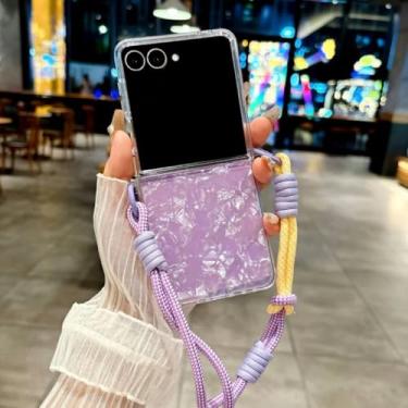 Imagem de Capa para Galaxy Z Flip3 5G com estampa de concha rígida de PC, alça de pulso fina e proteção contra quedas (para Galaxy Z Flip3 5G/roxo)