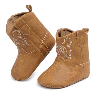 Imagem de HsdsBebe Botas de cowboy ocidentais para bebês meninos e meninas, botas de cano alto, sola macia, antiderrapante, primeiro andador, A5418/marrom, 12-18 Months Toddler
