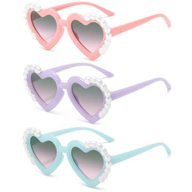 Imagem de Ridering Óculos de sol Toddle Girl Peal Heart com proteção UV 400 para crianças de 2 a 8 anos, Rosa + roxo + azul, tamanho �nico