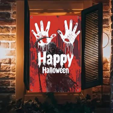 Imagem de BlissYard Capa de janela Happy Halloween Grim Reaper Banner 79 x 123 cm para decorações de Halloween assustador exibição de janelas de Halloween para ambientes internos e externos, festivo, decoração