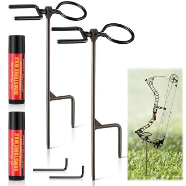 Imagem de HappyAlley Pacote com 2 estacas de arco portátil de alto desempenho com garfo giratório de 360°, durável e versátil, inclui anel de flecha e cera de corda de arco