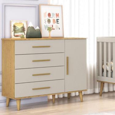 Imagem de Cômoda de Bebê Fraldario 4 Gavetas 1 Porta Ludmilla Off White/Bétula
