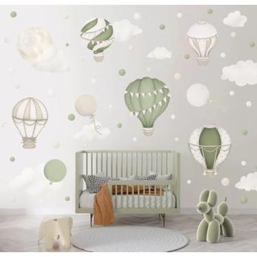 Imagem de BUBUROOM Decalques de parede de nuvem – Adesivos de parede de vinil com nuvens, estrelas e balões, decoração de quarto de bebê verde, para berçário infantil, sala de jogos, bebê médio (91 cm x 91 cm)