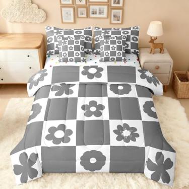 Imagem de Feelyou Conjunto de edredom xadrez cinza e branco com 7 peças, tamanho casal, com flores fofas, para crianças, meninos, meninas, quadriculado, geométrico, decoração de quarto