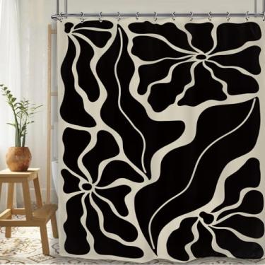 Imagem de Yookeb Cortina de chuveiro abstrata preta com flor de Matisse 152 cm L x 188 cm Retrô Minimalista Neutro Vintage Moderno Contemporâneo Poliéster 12 Ganchos de Plástico Impermeável Decoração