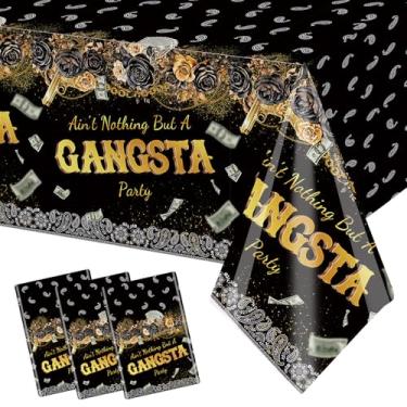 Imagem de MEHOFOND 3 peças de toalhas de mesa de festa hip hop gangsta, capas de mesa com tema de gangsta Cholo Aint Nothing But A Gangsta, toalha de mesa de plástico preta dourada para decoração hippie retrô