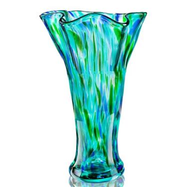 Imagem de Vaso de vidro soprado verde para flores, vaso azul-petróleo de 21,6 cm de largura para decoração de casa, vasos de flores de arte moderna decorativos | Peça central de mesa, casamento, sala de estar