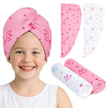 Imagem de Unicorn Castle Toalha de cabelo de microfibra para crianças, pacote com 2 toalhas de cabelo absorventes para secar o cabelo, turbantes para cabelos cacheados e grossos, coroa branca e rosa