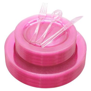 Imagem de Conjunto de pratos de plástico joy akkess 125 unidades de rosa choque 