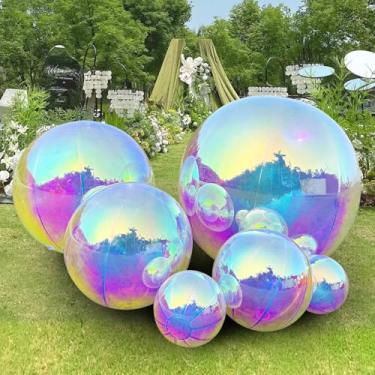 Imagem de 6 bolas coloridas infláveis espelhadas, grandes bolas brilhantes com bomba de ar elétrica, conjunto de esferas refletivas reutilizáveis para decoração de festas, eventos, piscina, adereços de fotos