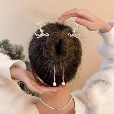 Imagem de Grampo de cabelo de borla longa de Natal elegante único com e acentos, clipe de coque de cabelo de strass, fivela de rabo de cavalo antiderrapante - branco