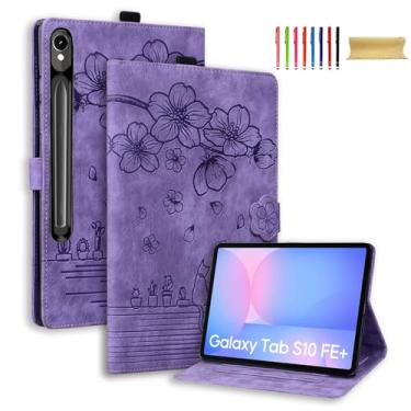 Imagem de Capa para Samsung Galaxy Tab S10 FE Plus 13,1 polegadas 2025 SM-X620 X626B, capa flip de couro PU premium com estampa de flor com suporte multiângulo de TPU à prova de choque e suporte de cartão, roxo