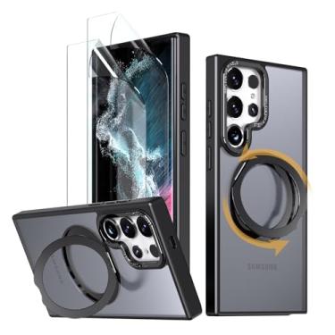 Imagem de HCXLYP Capa preta para Samsung Galaxy S23 Ultra/S22 Ultra, com 2 protetores de tela, suporte magnético giratório 360, compatível com Magsafe, capa fina para celular