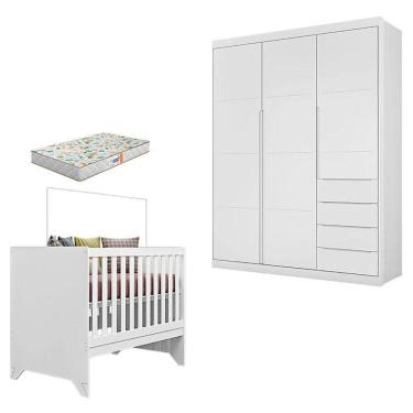 Imagem de Berço Americano Maya E Guarda Roupa Infantil Blenda Branco Acetinado Com Colchão Gazin