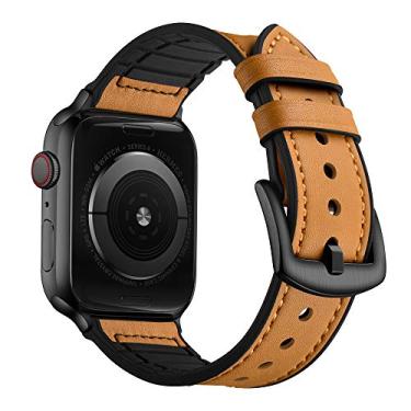 Imagem de OUHENG Pulseiras de couro compatível com Apple Watch séries 11, 10, 9, 8, 7, 6, 5, 4, 3, 2, 1, SE3 e SE2 SE, marrom/preto