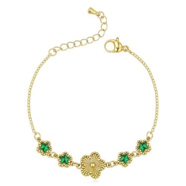 Imagem de SPARKLAURA Pulseira feminina de trevo de ouro, não manchada, banhada a ouro 18 K, estrela verde esmeralda, pingente de corrente ajustável, joias da moda da sorte, presentes
