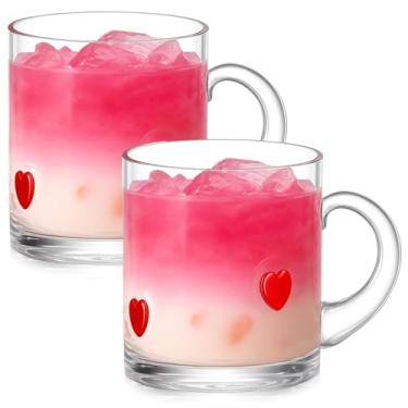 Imagem de FoldTier 2 peças de copo de suco de ícone de coração de dia dos namorados com alça 400 ml copo de copo vermelho coração amor copo de beber à moda antiga caneca de café para coquetéis feitos à mão para