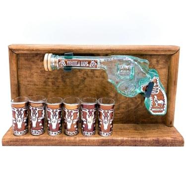 Imagem de Conjunto de garrafas de tequila mexicana, decantador giratório de vidro com 6 copos de shot, suporte de exibição de madeira rústica