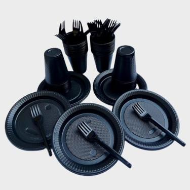 Imagem de Kit Descartáveis para Festa, para 100 Pessoas com 100 Copos,100 Pratinhos para bolo e 100 Garfinhos, Total de 300 Peças (Preto)