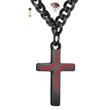 Imagem de NUKAYAI Colar de cruz de beisebol masculino 40,6 cm/45,7 cm/50,8 cm corrente de elos cubanos resistente/prata/ouro/preto pingente de cruz acessórios de gotejamento de beisebol colar de Páscoa Natal
