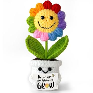 Imagem de AHANKERE Suporte emocional girassol positivo crochê, flor em vaso de crochê feito à mão com cartão - Obrigado por me ajudar a crescer, para presentes de agradecimento ao professor, presente de alívio